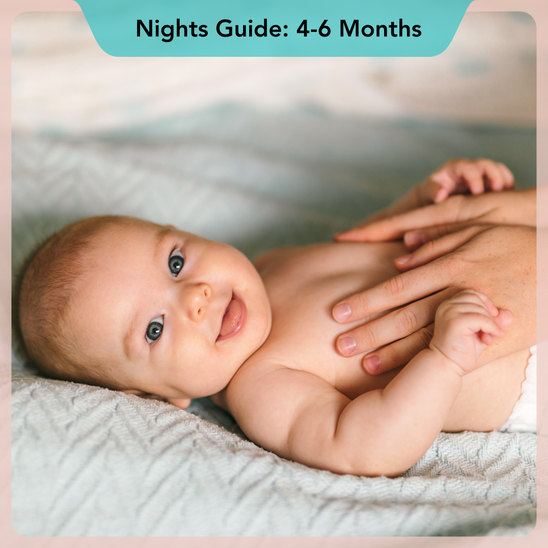 Baby lying on a blanket with a hand gently touching its foot, text 'Nights Guide: 4-6 Months' at the top.