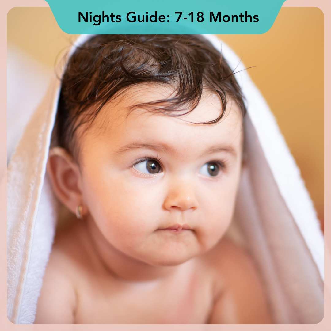 Baby wrapped in a towel with text indicating nighttime guide for 7-18 months.