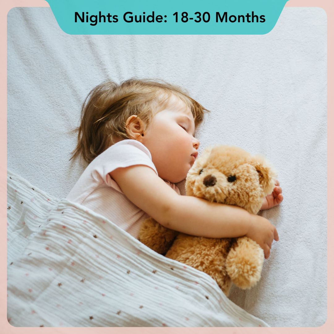 Child sleeping with a teddy bear on a bed, with text indicating 'Nights Guide: 18-30 Months'.