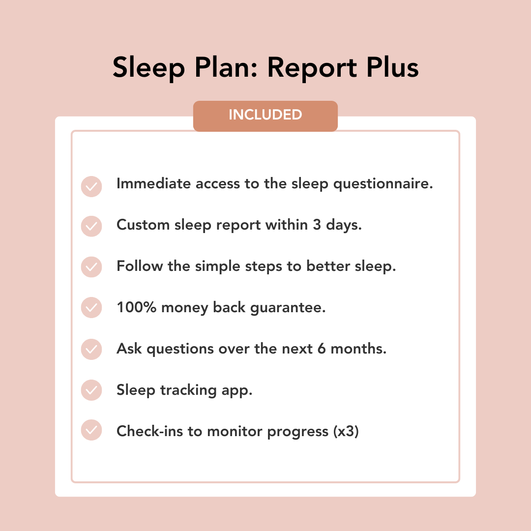 Sleep Plan: Report Plus feature list on a pink background